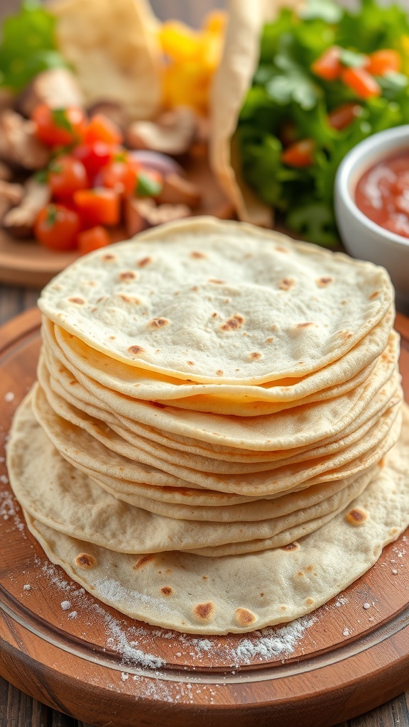 A stack of warm sourdough discard tortillas on a wooden board with colorful fillings in the background.